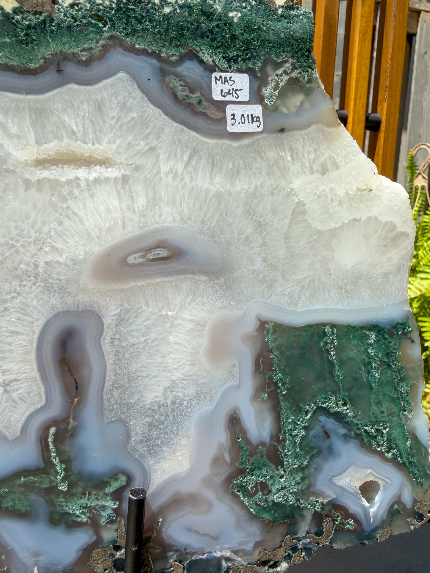 Moss Agate with Quartz Statement Slab on Stand -EXACT PIECE-