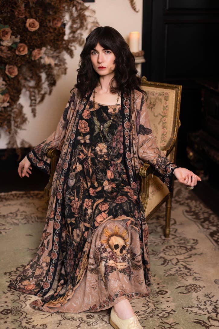 Momento Bohéme Long Maxi Slip Dress w/ Floral Print & Skull