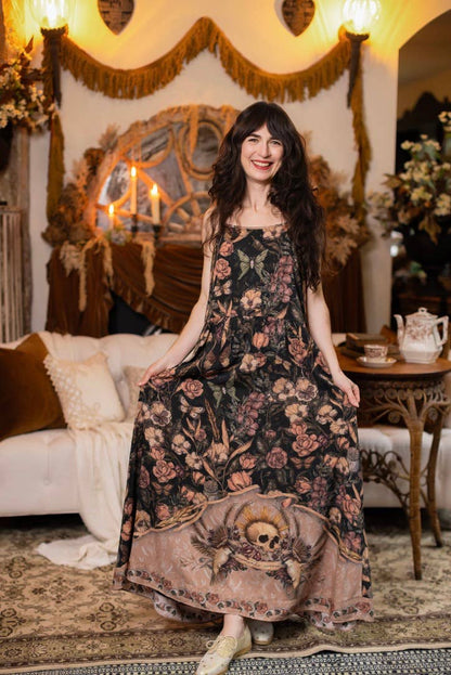 Momento Bohéme Long Maxi Slip Dress w/ Floral Print & Skull