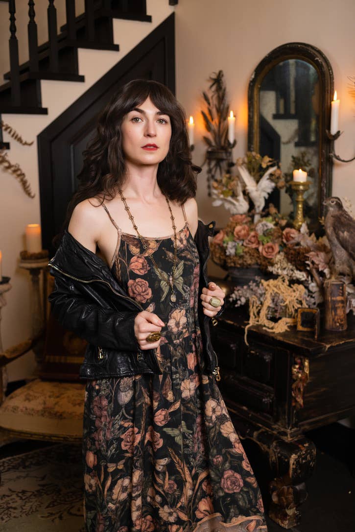 Momento Bohéme Long Maxi Slip Dress w/ Floral Print & Skull