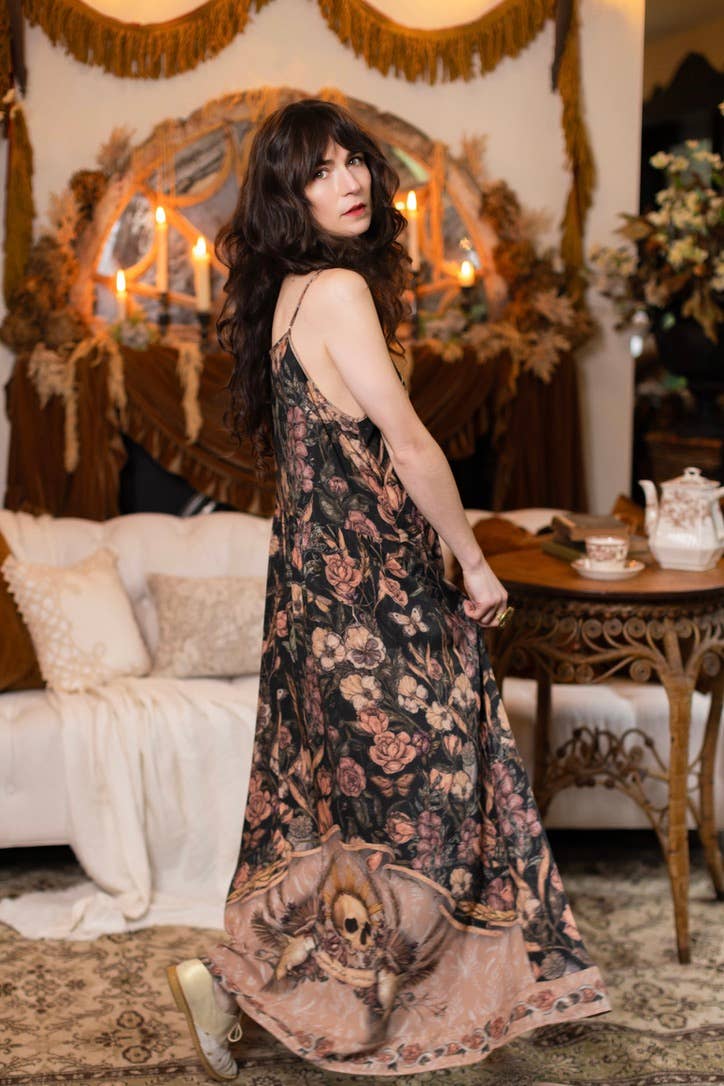 Momento Bohéme Long Maxi Slip Dress w/ Floral Print & Skull