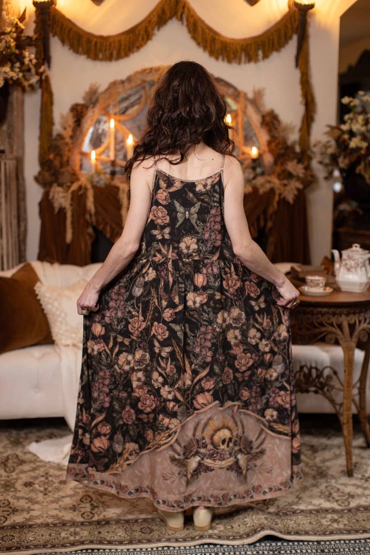 Momento Bohéme Long Maxi Slip Dress w/ Floral Print & Skull