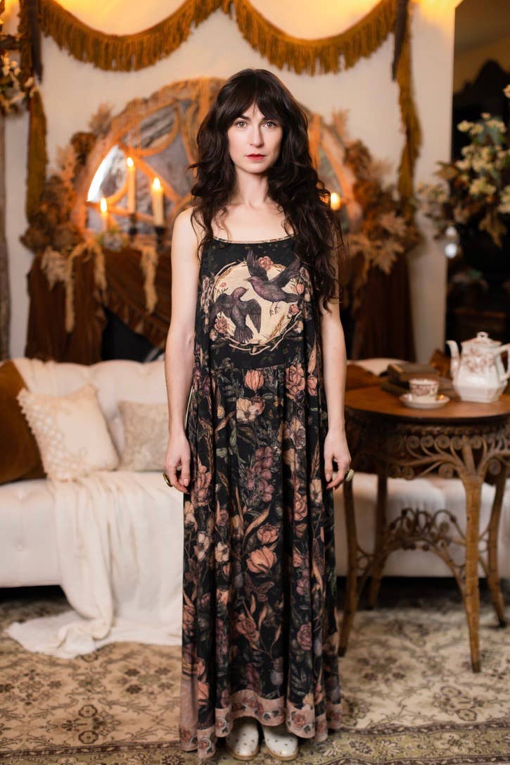 Momento Bohéme Long Maxi Slip Dress w/ Floral Print & Skull