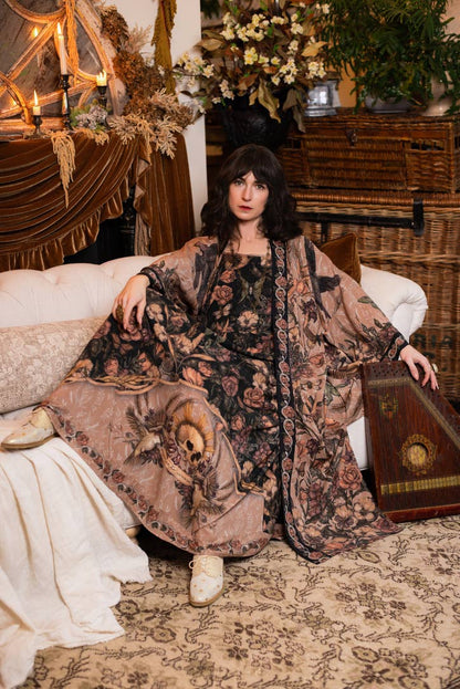 Momento Bohéme Long Maxi Slip Dress w/ Floral Print & Skull