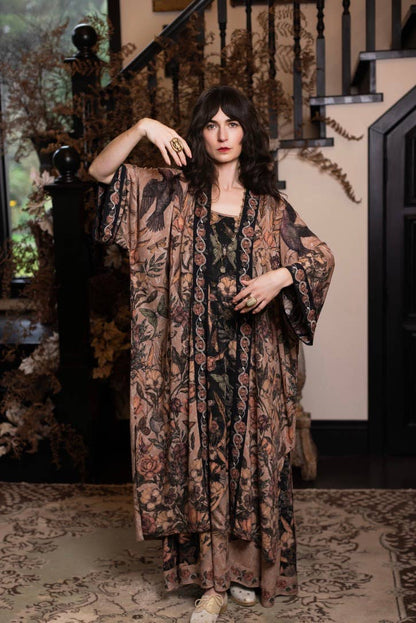 Momento Opera Duster Kimono Robe w/ Starlings & Skull