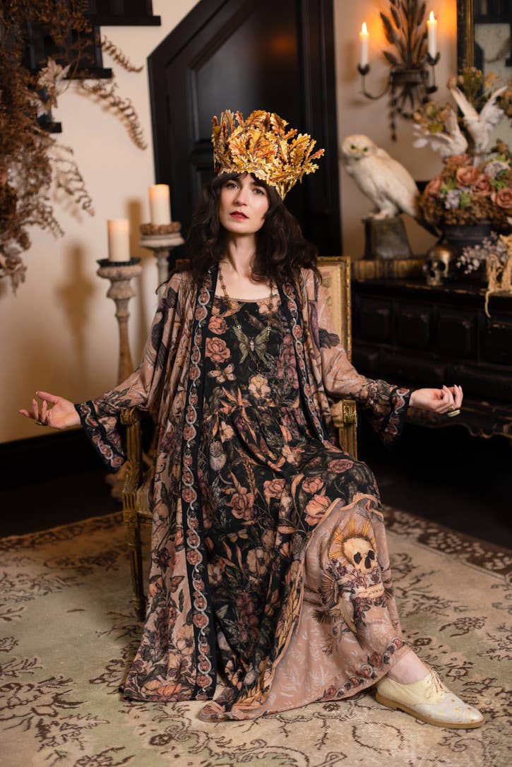Momento Bohéme Long Maxi Slip Dress w/ Floral Print & Skull