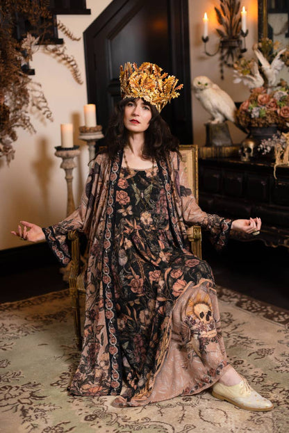 Momento Bohéme Long Maxi Slip Dress w/ Floral Print & Skull