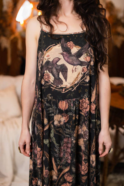 Momento Bohéme Long Maxi Slip Dress w/ Floral Print & Skull
