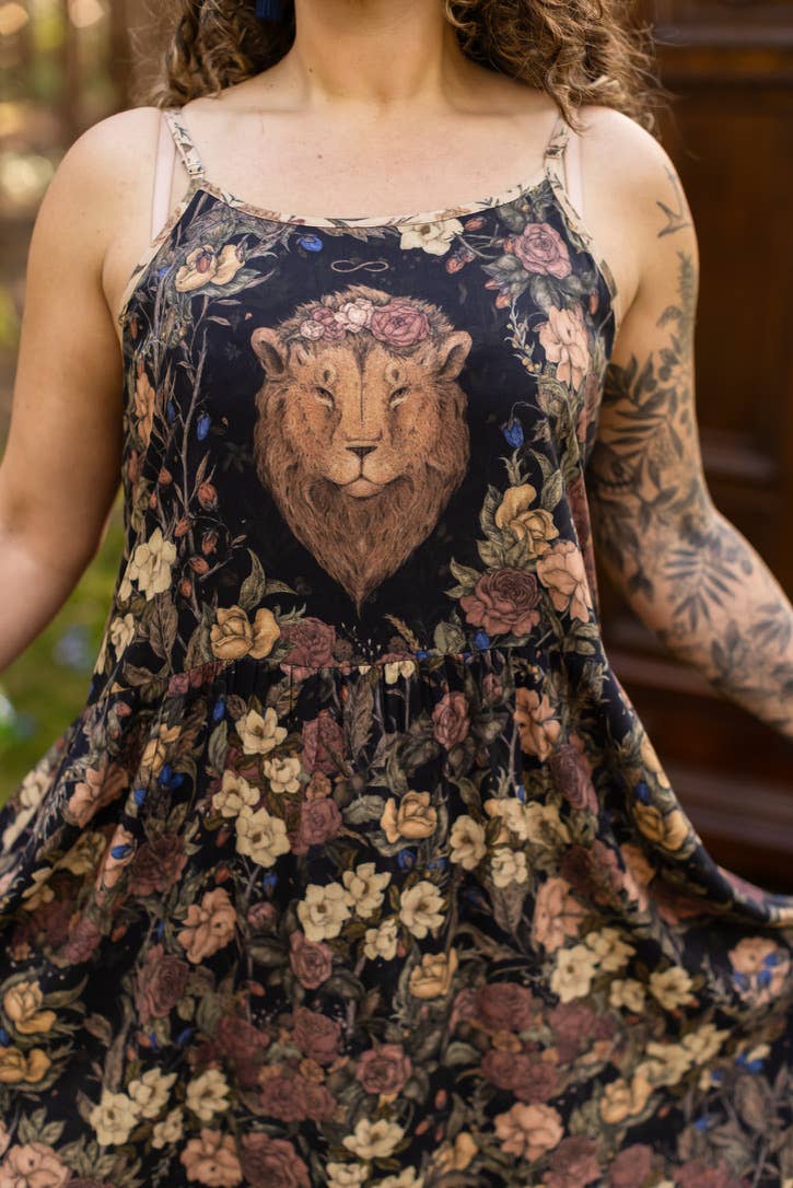 Lionheart Bohéme Slip Dress w/ botanicals & Narnia print