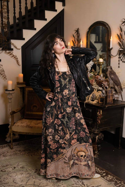Momento Bohéme Long Maxi Slip Dress w/ Floral Print & Skull