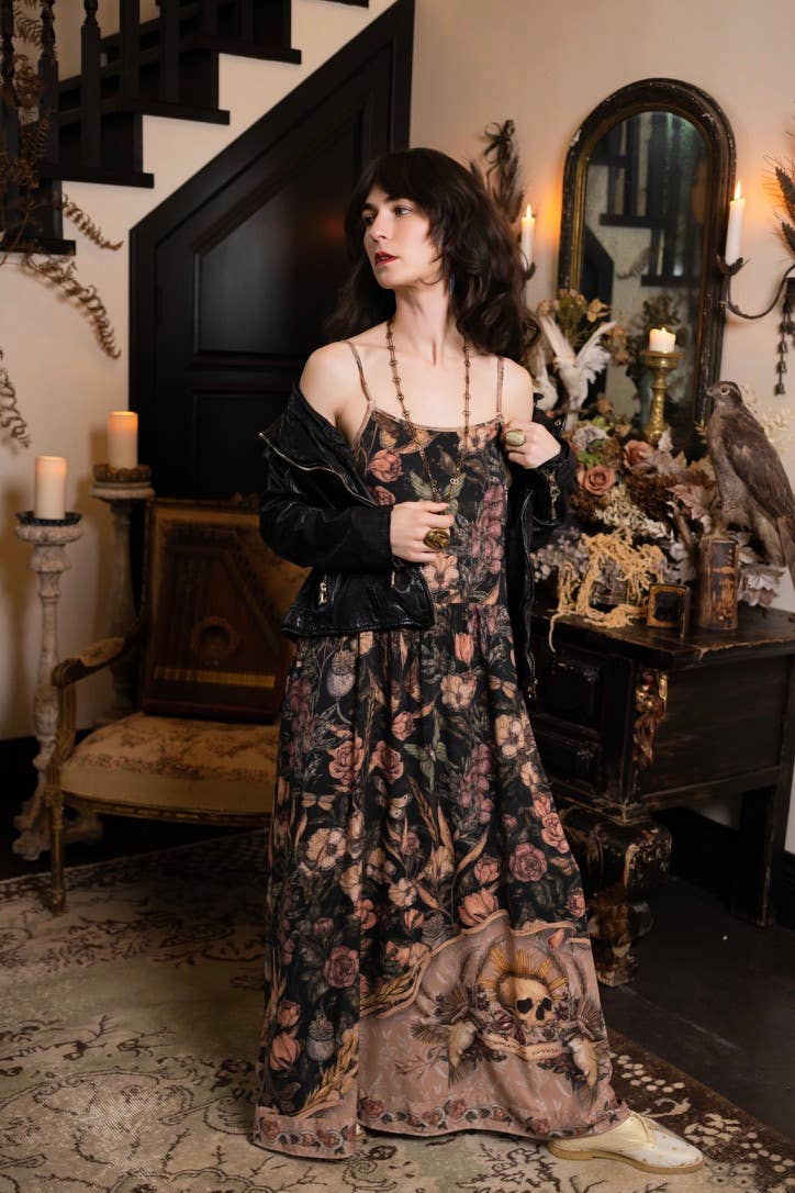 Momento Bohéme Long Maxi Slip Dress w/ Floral Print & Skull