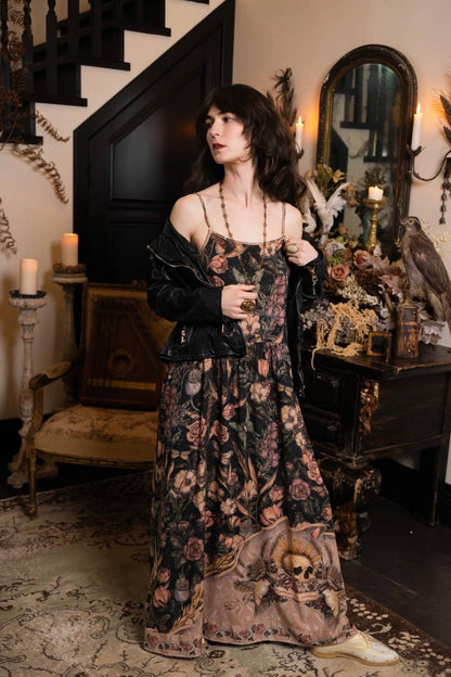 Momento Bohéme Long Maxi Slip Dress w/ Floral Print & Skull