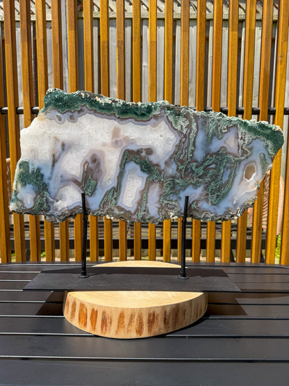 Moss Agate with Quartz Statement Slab on Stand -EXACT PIECE-