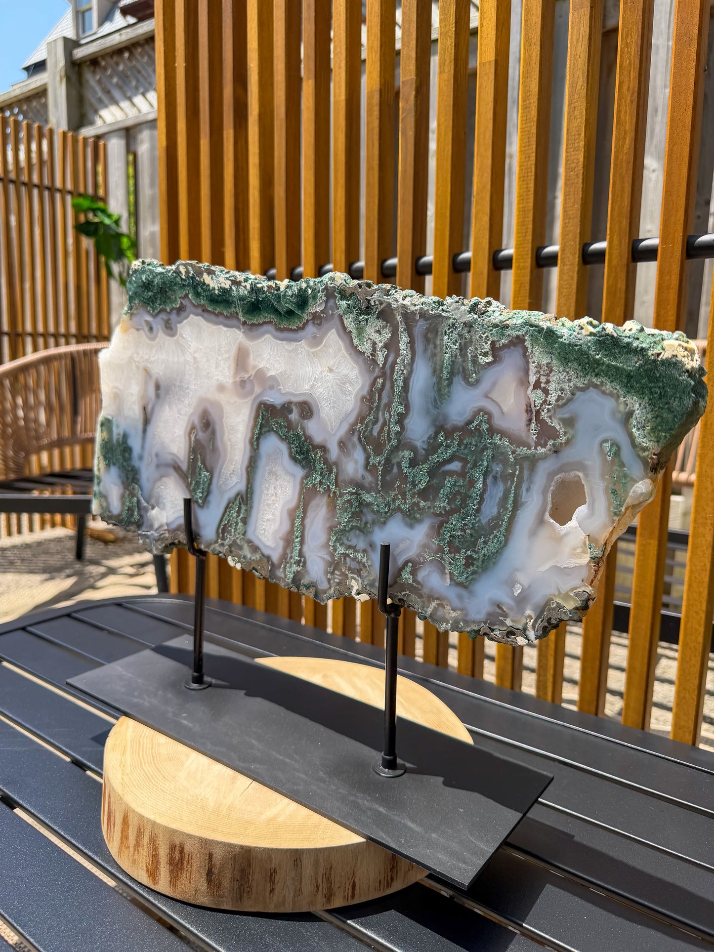 Moss Agate with Quartz Statement Slab on Stand -EXACT PIECE-