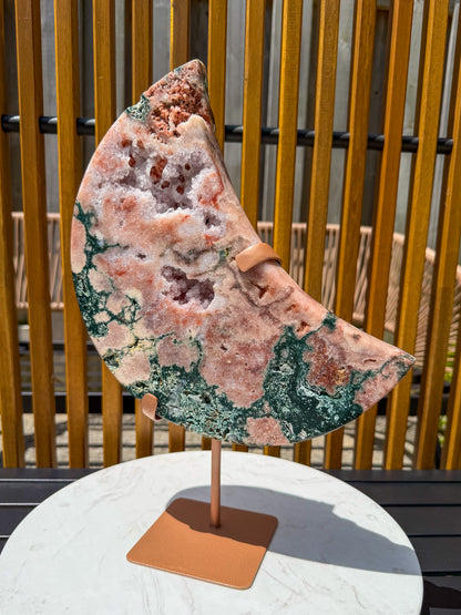 HQ Reddish Pink Amethyst and Green Jasper Statement Moon