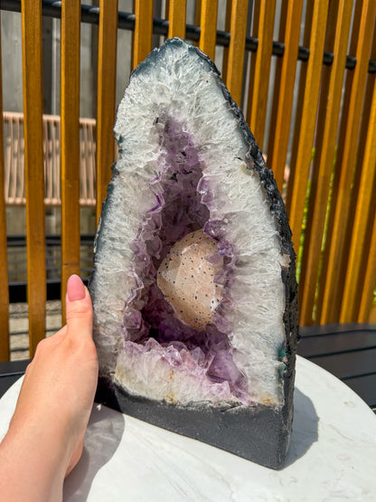 Amethyst Cathedral with Sugar Druzy Calcite and Phantoms