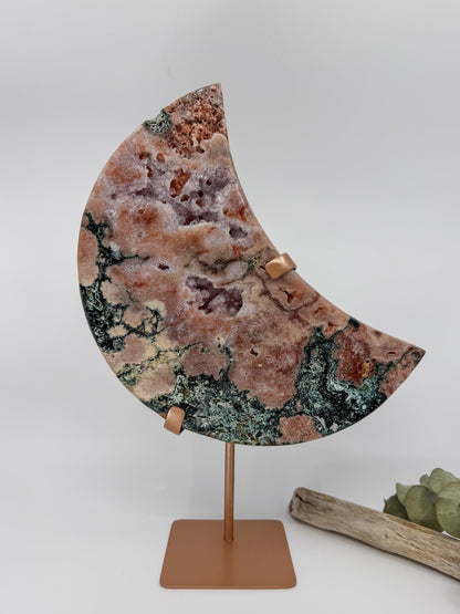 HQ Reddish Pink Amethyst and Green Jasper Statement Moon
