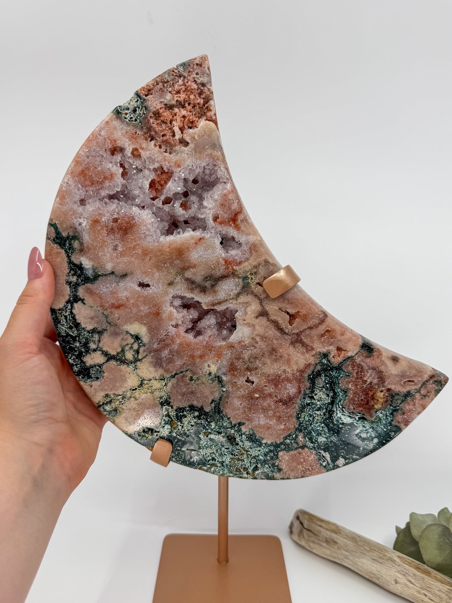 HQ Reddish Pink Amethyst and Green Jasper Statement Moon