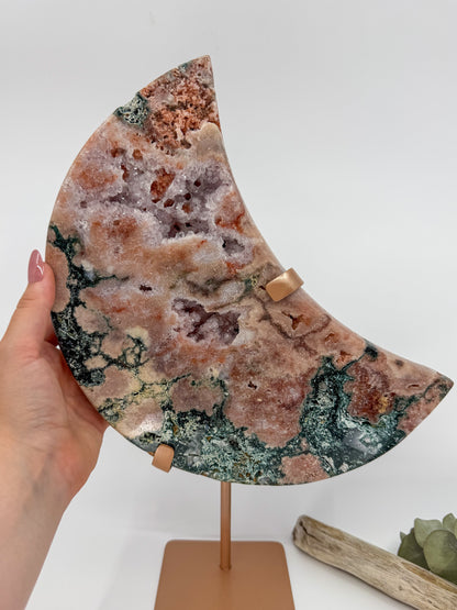 HQ Reddish Pink Amethyst and Green Jasper Statement Moon