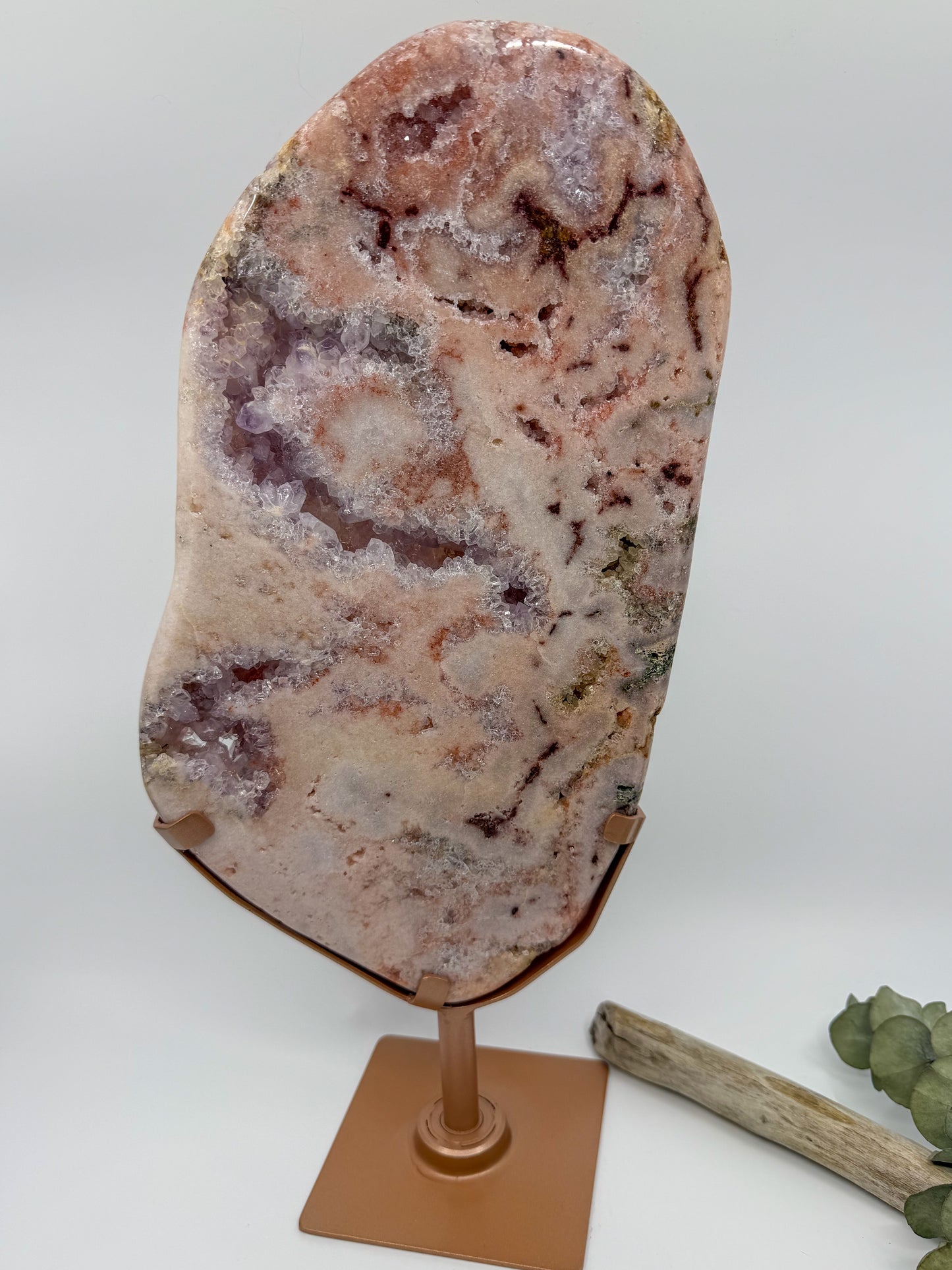 Pink Amethyst with Lavender Druzy and Green Jasper Statement Slab on Rotating Stand