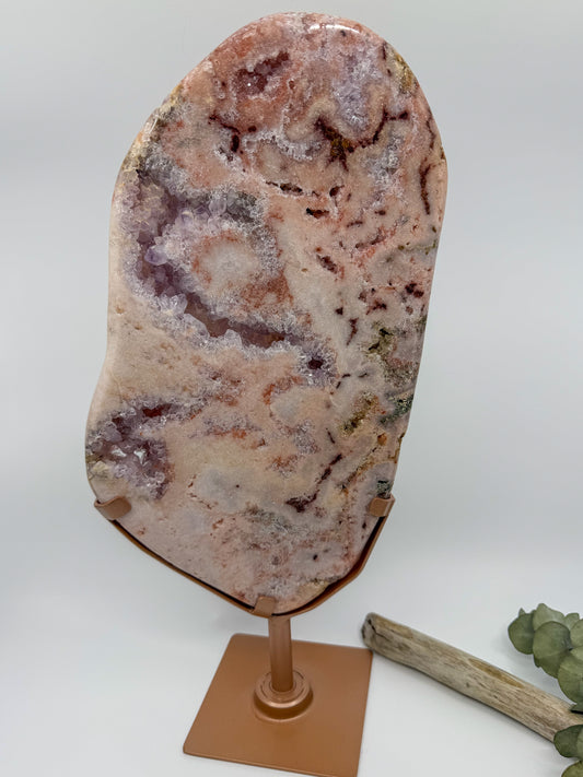 Pink Amethyst with Lavender Druzy and Green Jasper Statement Slab on Rotating Stand