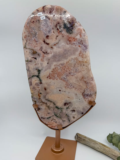 Pink Amethyst with Lavender Druzy and Green Jasper Statement Slab on Rotating Stand