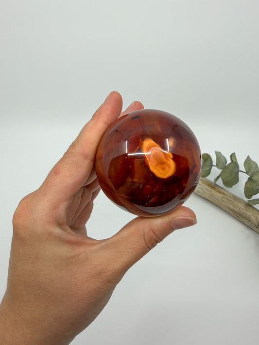 A hand holding a rich red polished natural carnelian crystal sphere with a bright orange spot, set against a plain white background with a decorative branch in the corner.