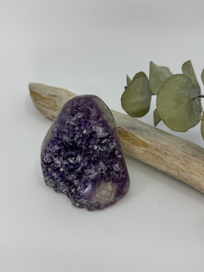 A polished purple amethyst crystal cluster resting on a light beige driftwood log with dried green eucalyptus leaves, set against a clean white background.