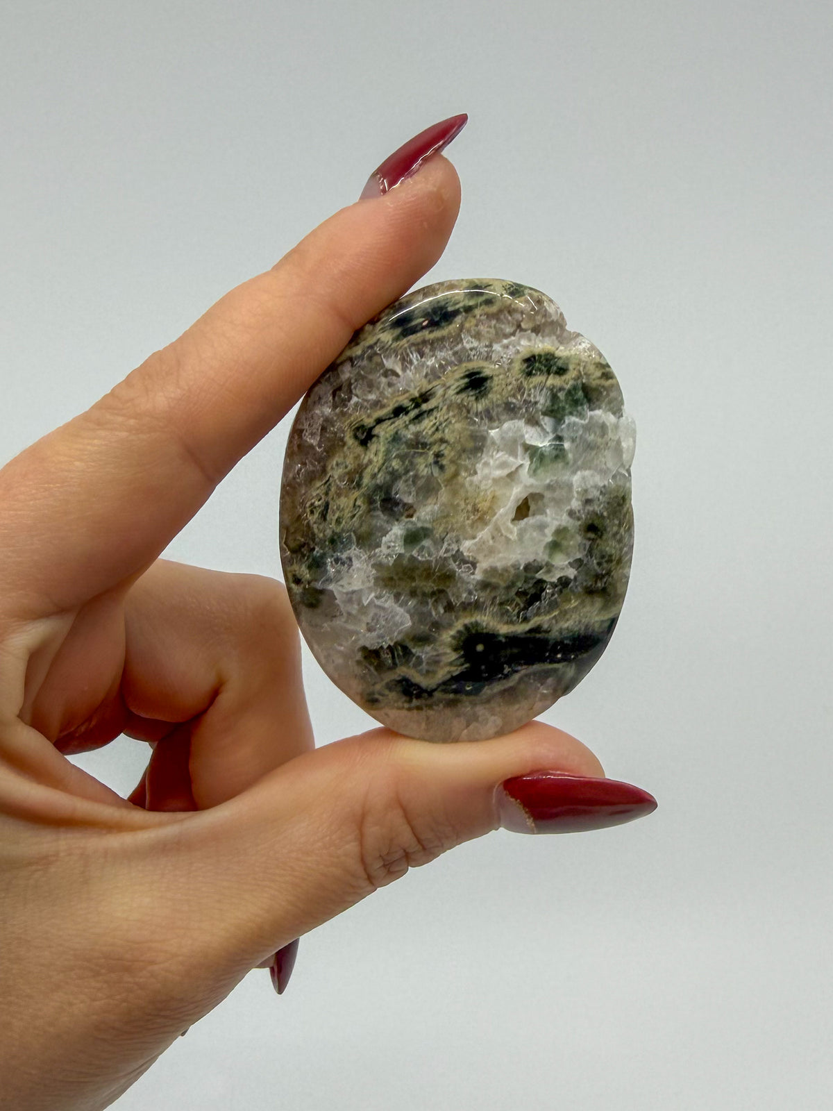 Crystallized Orbicular Ocean Jasper Palm -EXACT PIECE-