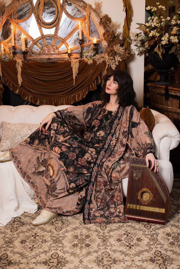 Momento Bohéme Long Maxi Slip Dress w/ Floral Print & Skull