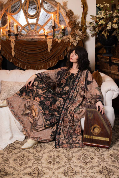 Momento Bohéme Long Maxi Slip Dress w/ Floral Print & Skull