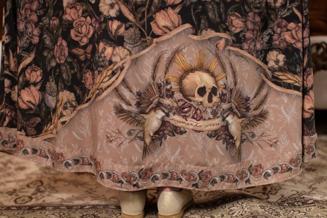 Momento Bohéme Long Maxi Slip Dress w/ Floral Print & Skull