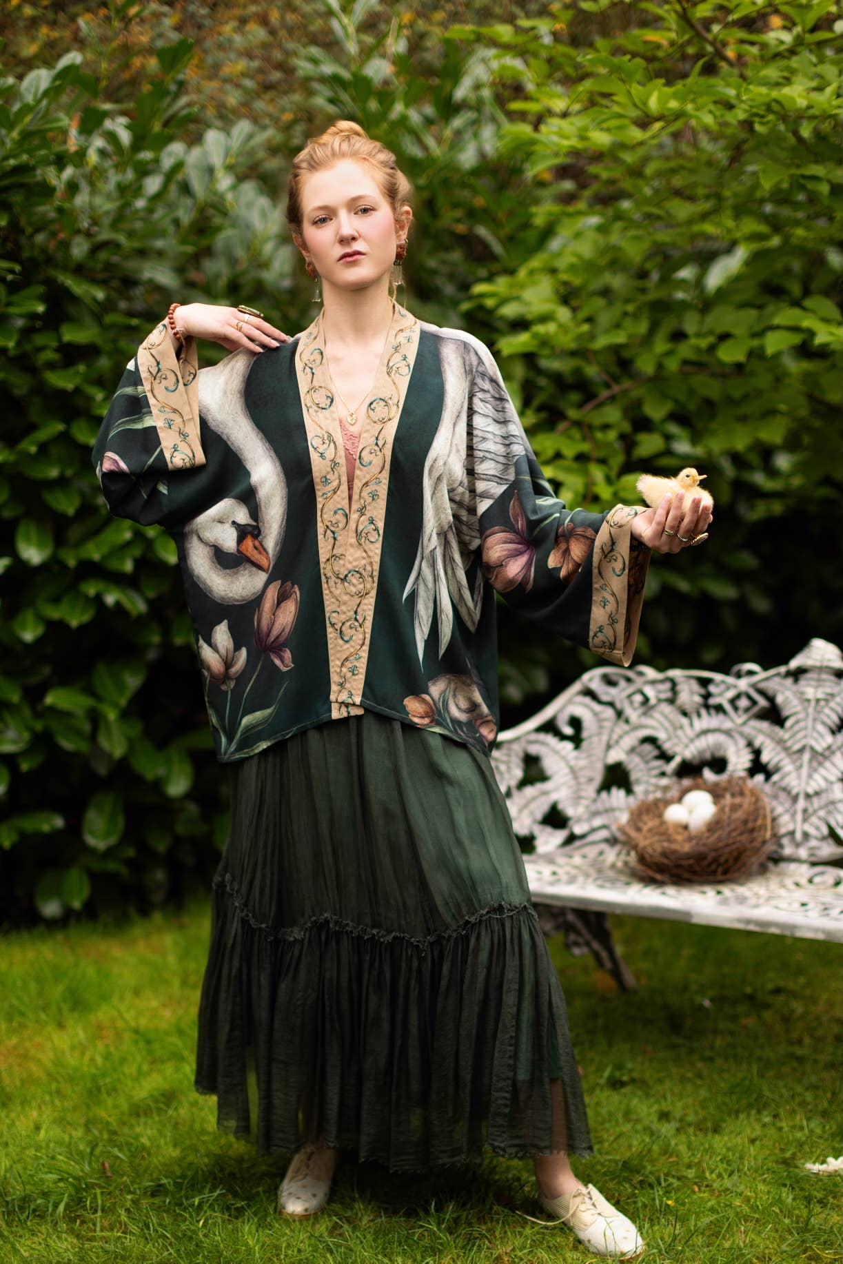 Under My Wing Pixie Duster Crop Kimono w/ swan & feathers