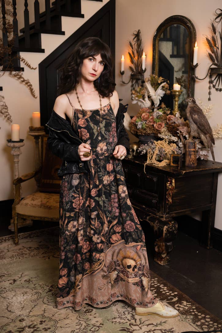 Momento Bohéme Long Maxi Slip Dress w/ Floral Print & Skull