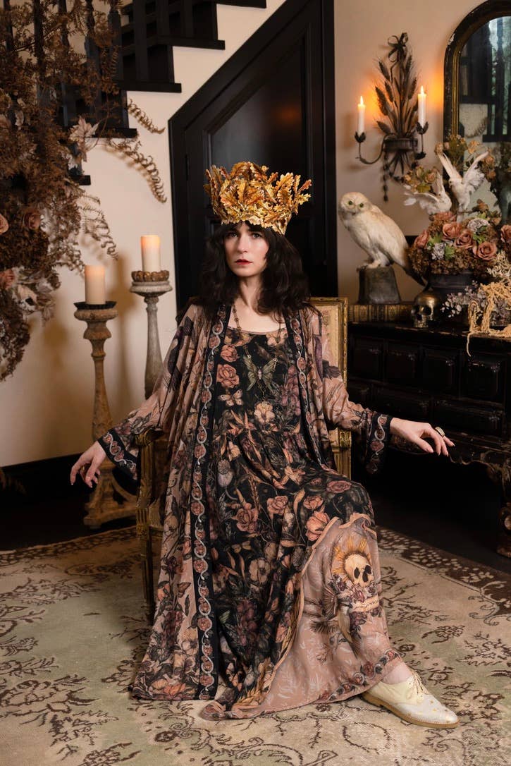Momento Bohéme Long Maxi Slip Dress w/ Floral Print & Skull