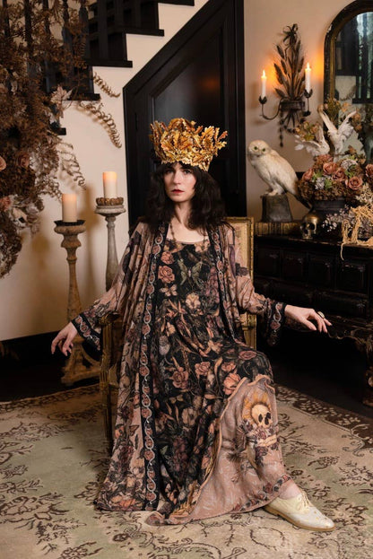 Momento Bohéme Long Maxi Slip Dress w/ Floral Print & Skull