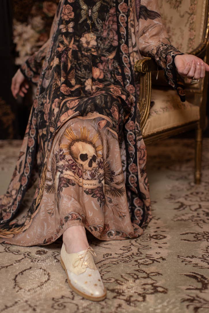 Momento Bohéme Long Maxi Slip Dress w/ Floral Print & Skull