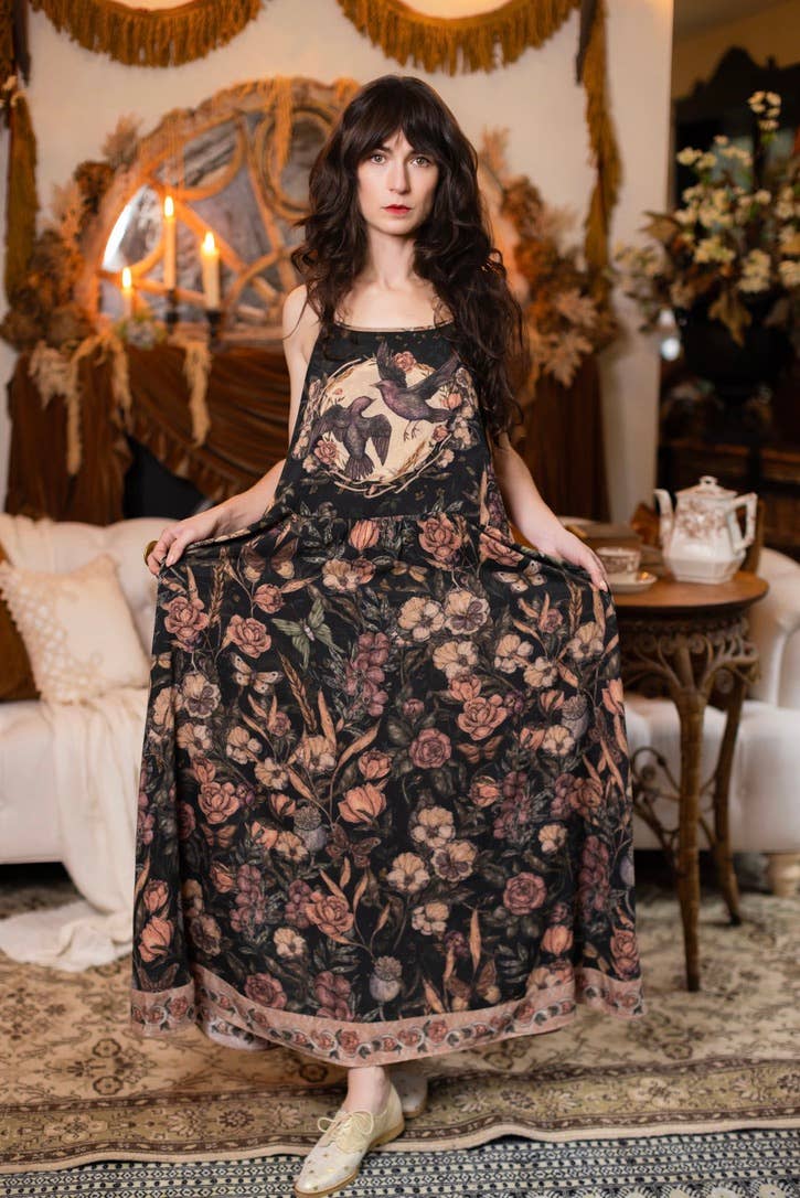 Momento Bohéme Long Maxi Slip Dress w/ Floral Print & Skull
